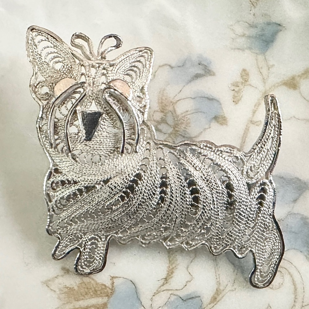 Vtg Sterling Silver Scottish Terrier Filigree Brooch Pin